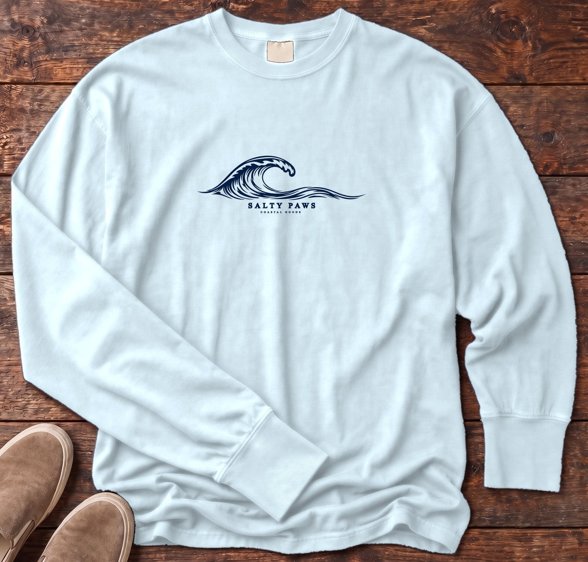 Salty Paws Coastal Wave Long Sleeve Tee in Chambray, Salty Paws Comfort Colors Long Sleeve Tee, front design flat lay