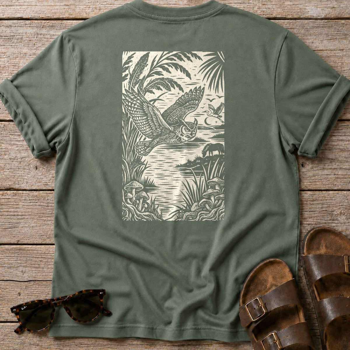 Owl Woodcut Back Design T-Shirt in Military Green, Salty Paws coastal t-shirt