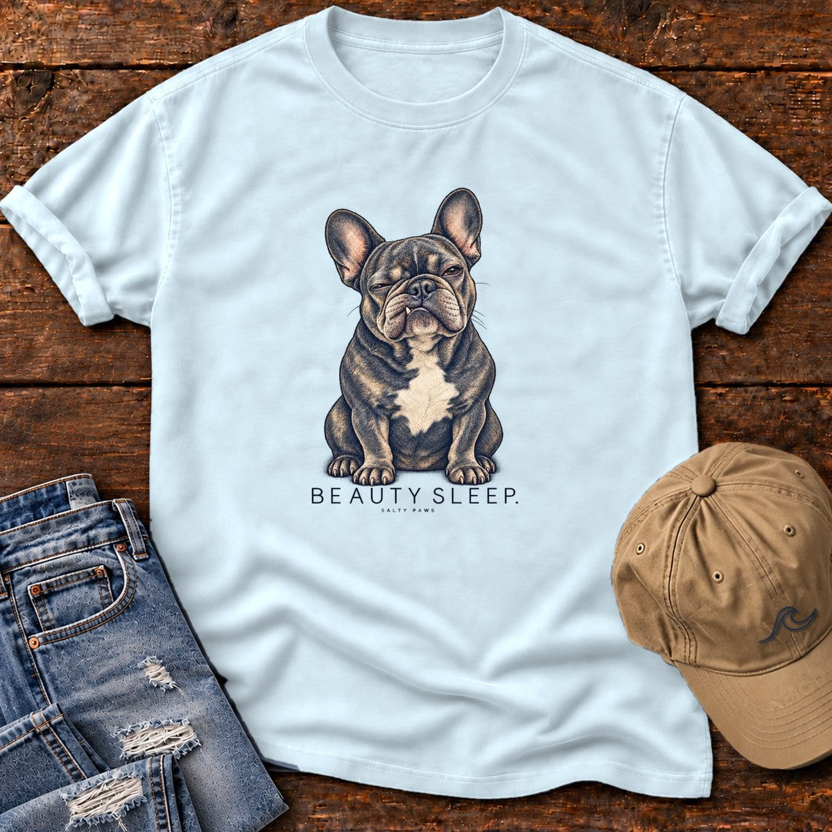 Beauty Sleep French Bulldog T-Shirt in Chambray, Salty Paws Comfort Colors T-Shirt, front design flat lay