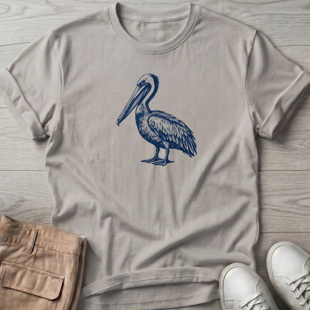 Navy Pelican Portrait T-Shirt in Ice Grey, Salty Paws T-Shirt, front design flat lay