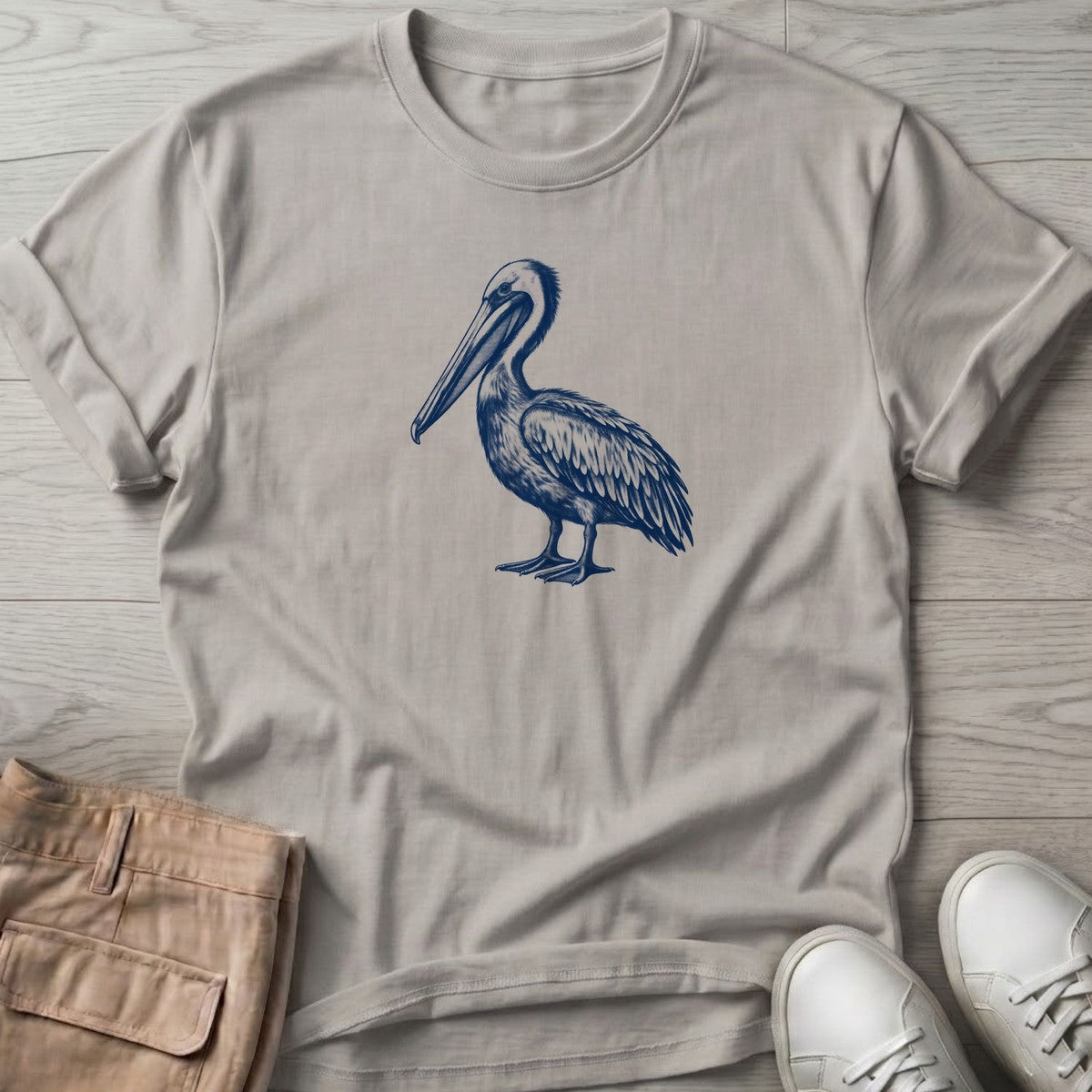 Navy Pelican Portrait T-Shirt in Ice Grey, Salty Paws T-Shirt, front design flat lay