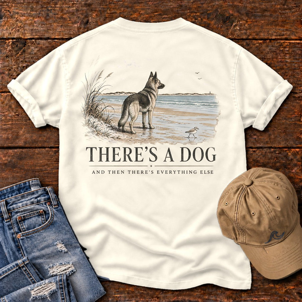 There's a Dog Shepherd Comfort Colors T-Shirt in Ivory, back design flat lay