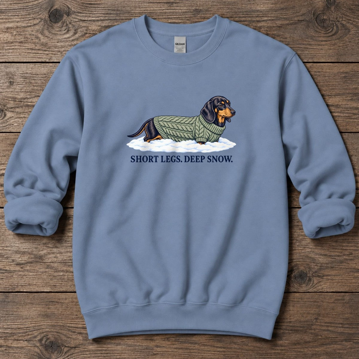 Short Legs Deep Snow Dachshund Midweight Sweatshirt in Stone Blue, Salty Paws Midweight Sweatshirt, front design flat lay