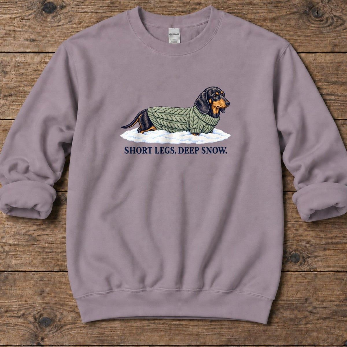 Short Legs Deep Snow Dachshund Midweight Sweatshirt in Paragon, Salty Paws Midweight Sweatshirt, front design flat lay