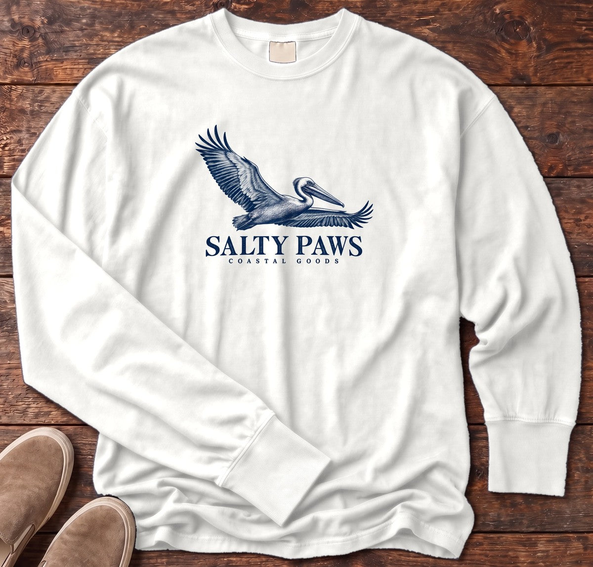 Gliding Pelican Coastal Goods Long Sleeve Tee in White, Salty Paws Comfort Colors Long Sleeve Tee, front design flat lay