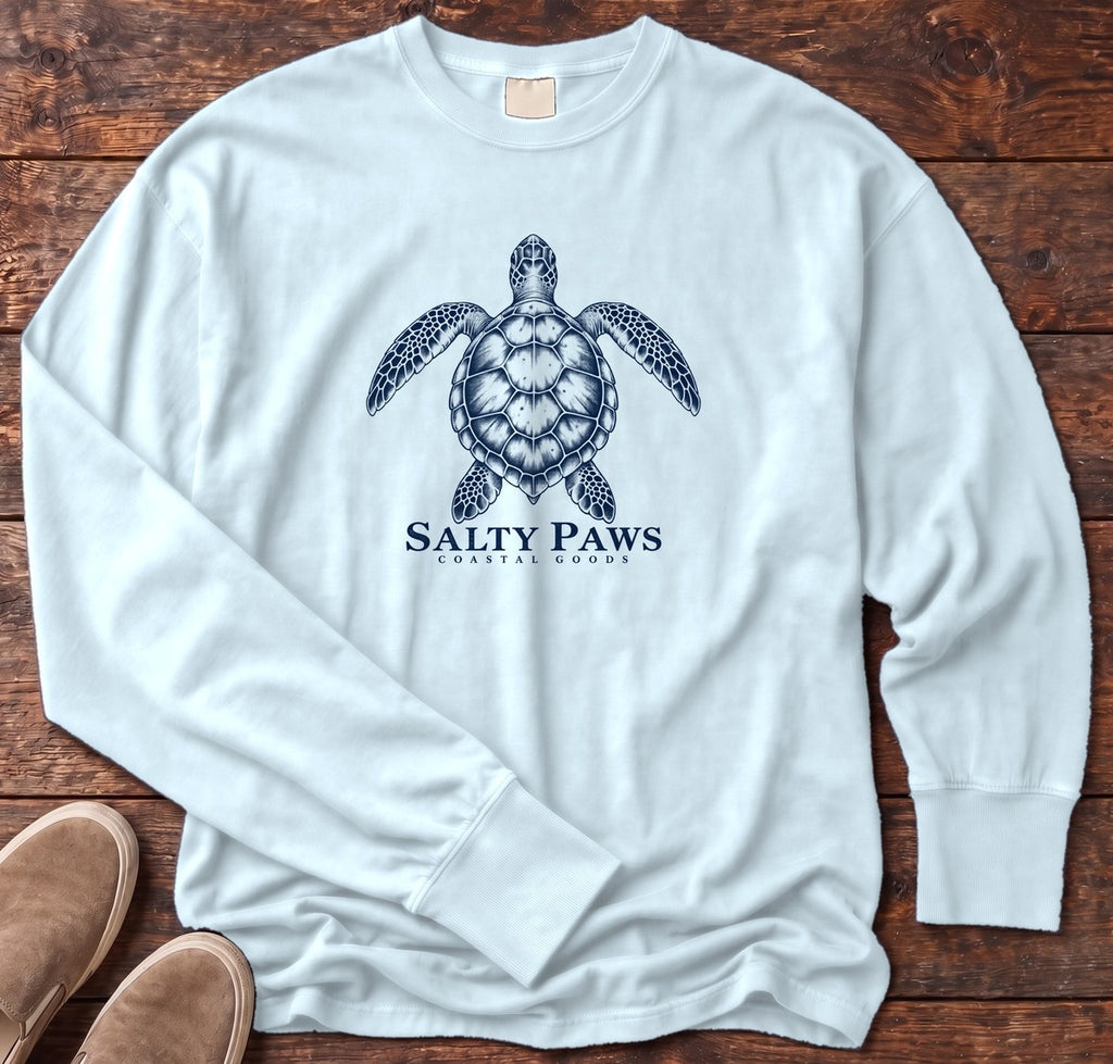 Sea Turtle Coastal Goods Long Sleeve Tee in Chambray, Salty Paws Comfort Colors Long Sleeve Tee, front design flat lay