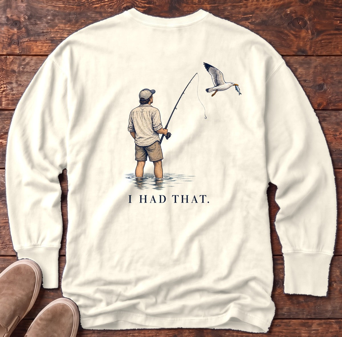 I Had That Seagull Back Design Long Sleeve Tee in Ivory, Salty Paws Comfort Colors Long Sleeve Tee, back design flat lay