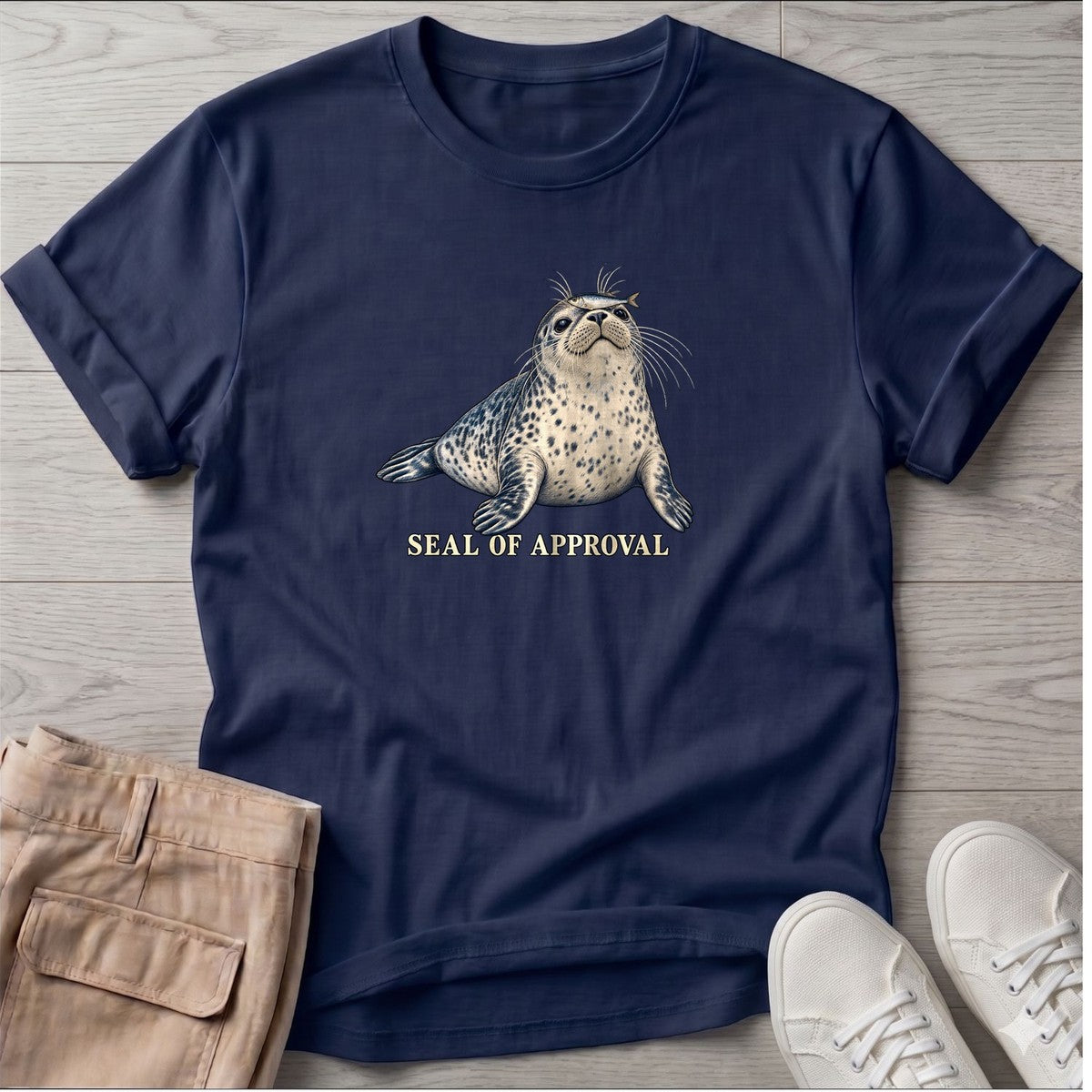 Seal of Approval T-Shirt in Navy, Salty Paws T-Shirt, front design flat lay