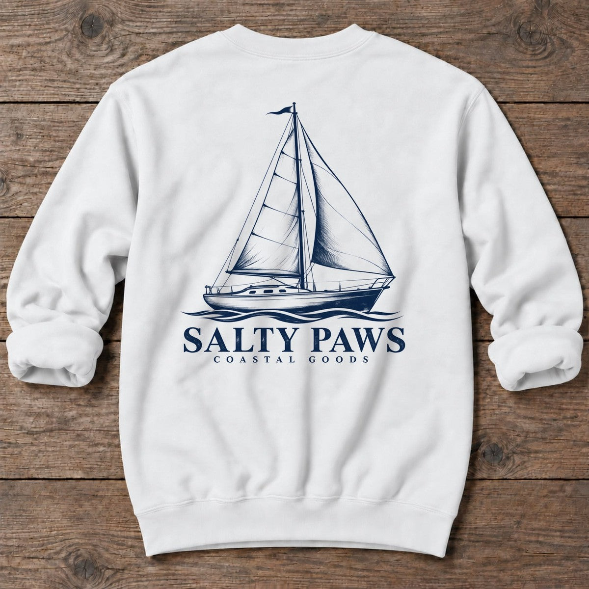Sailboat Coastal Goods Back Design Midweight Sweatshirt in White, Salty Paws Midweight Sweatshirt, back design flat lay