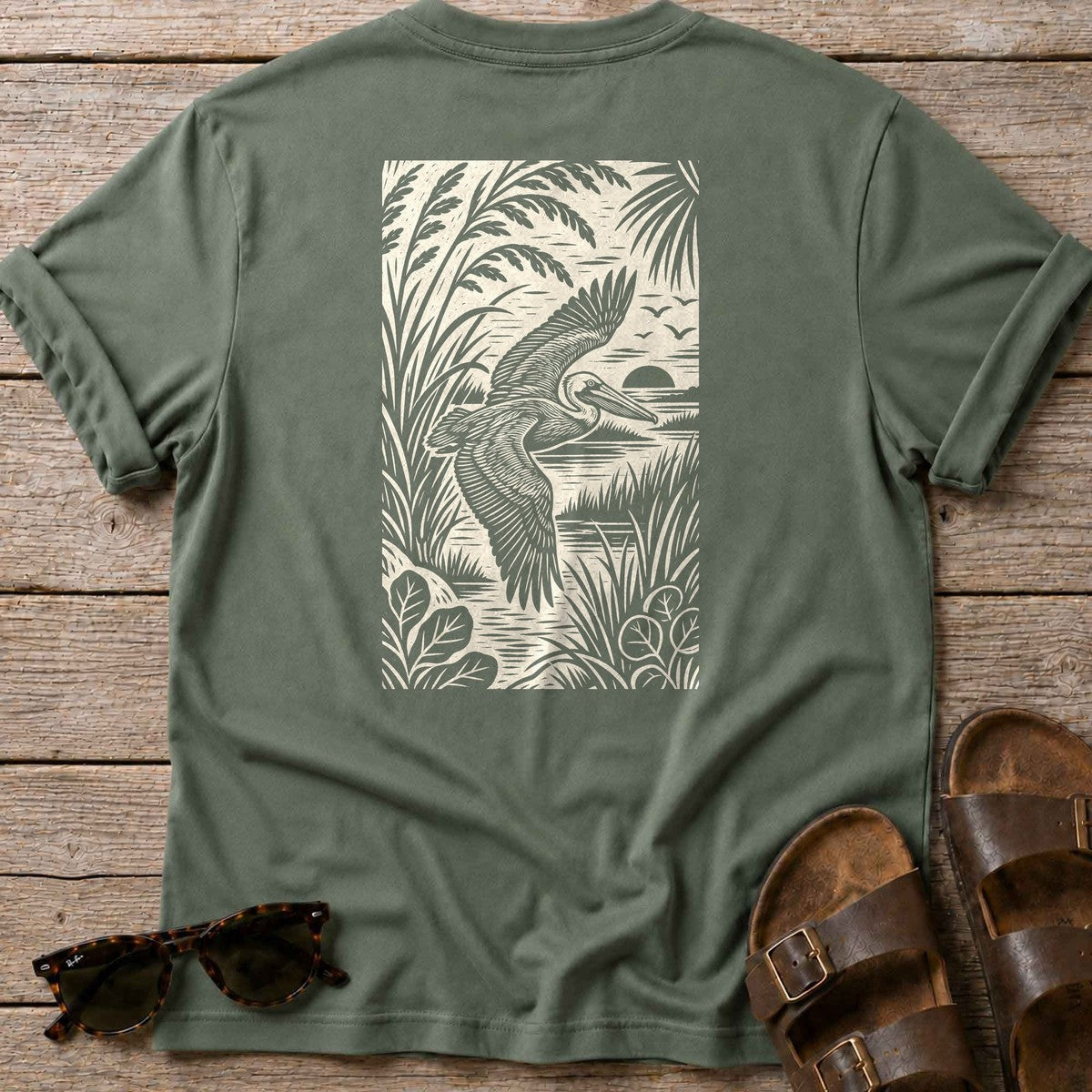 Pelican Woodcut Back Design T-Shirt in Military Green, Salty Paws coastal t-shirt
