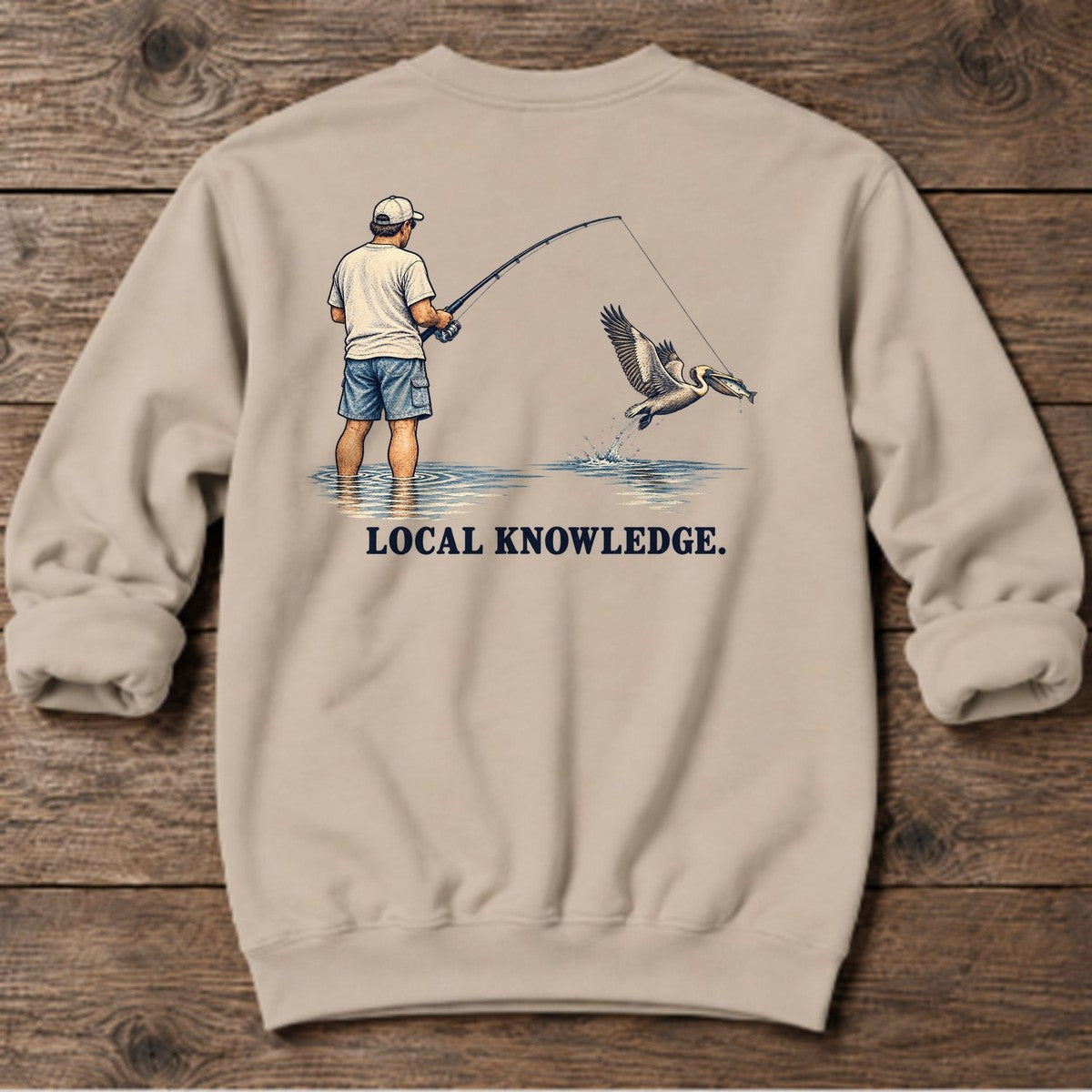 Local Knowledge Pelican Back Design Midweight Sweatshirt in Sand, Salty Paws Midweight Sweatshirt, back design flat lay