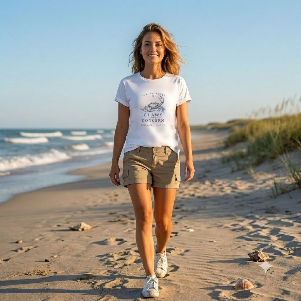 Claws for Concern Crab T-Shirt in White, worn on the beach