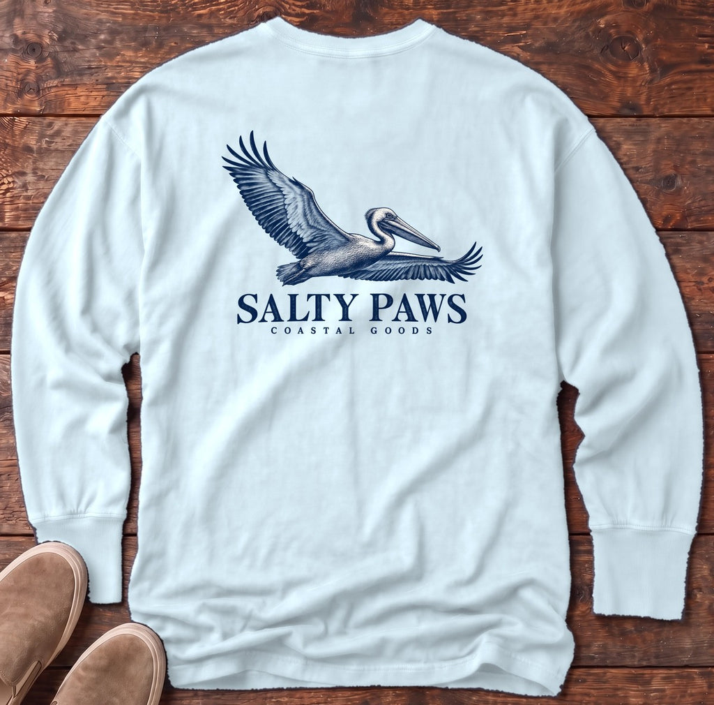 Gliding Pelican Coastal Goods Back Design Long Sleeve Tee in Chambray, Salty Paws Comfort Colors Long Sleeve Tee, back design flat lay