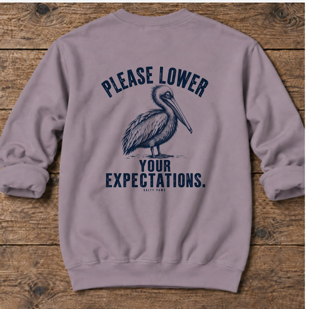Please Lower Your Expectations Pelican Back Design Midweight Sweatshirt in Paragon, Salty Paws Midweight Sweatshirt, back design flat lay