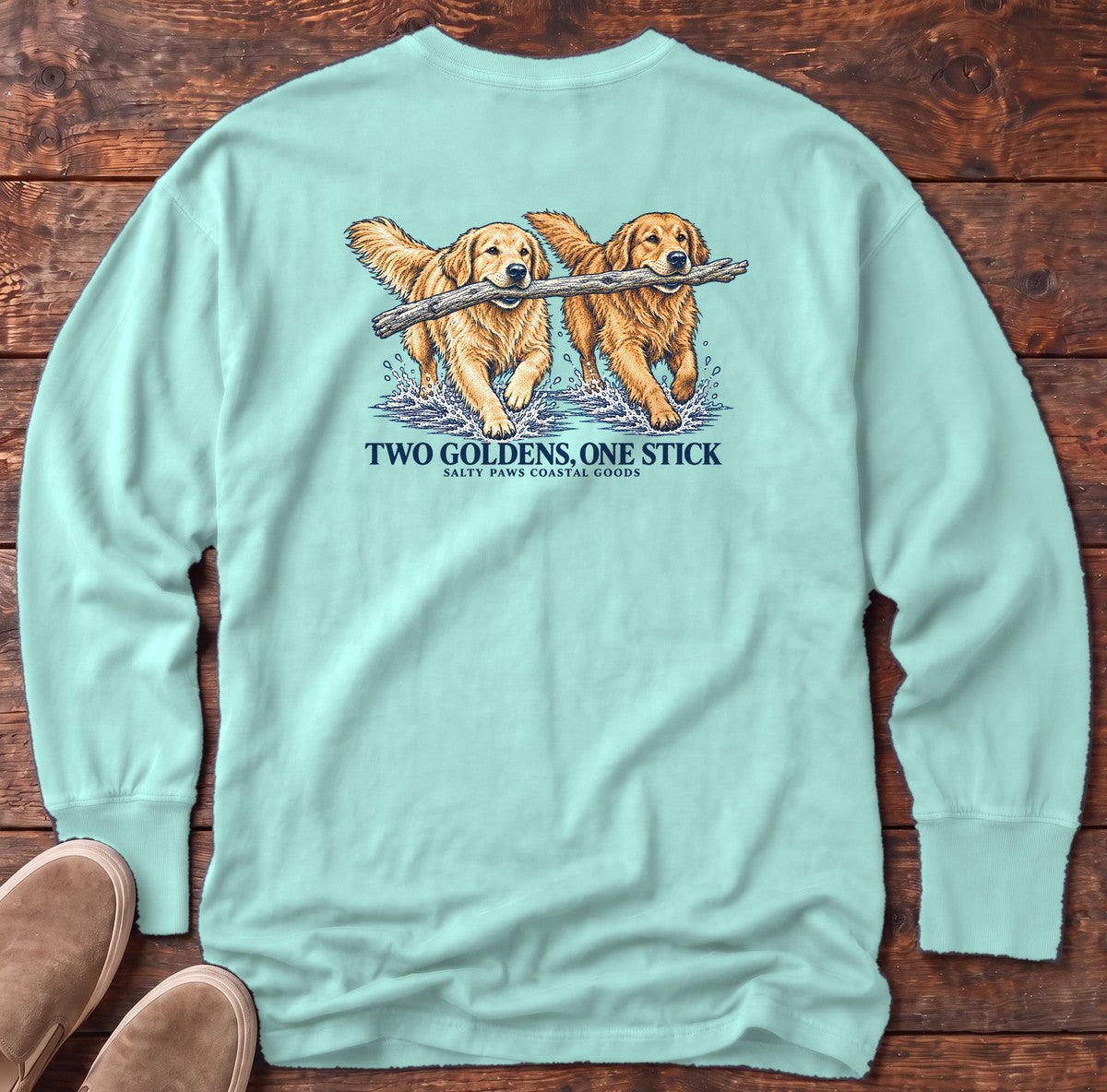 Two Goldens One Stick Back Design Long Sleeve Tee in Chalky Mint, Salty Paws Comfort Colors long sleeve tee