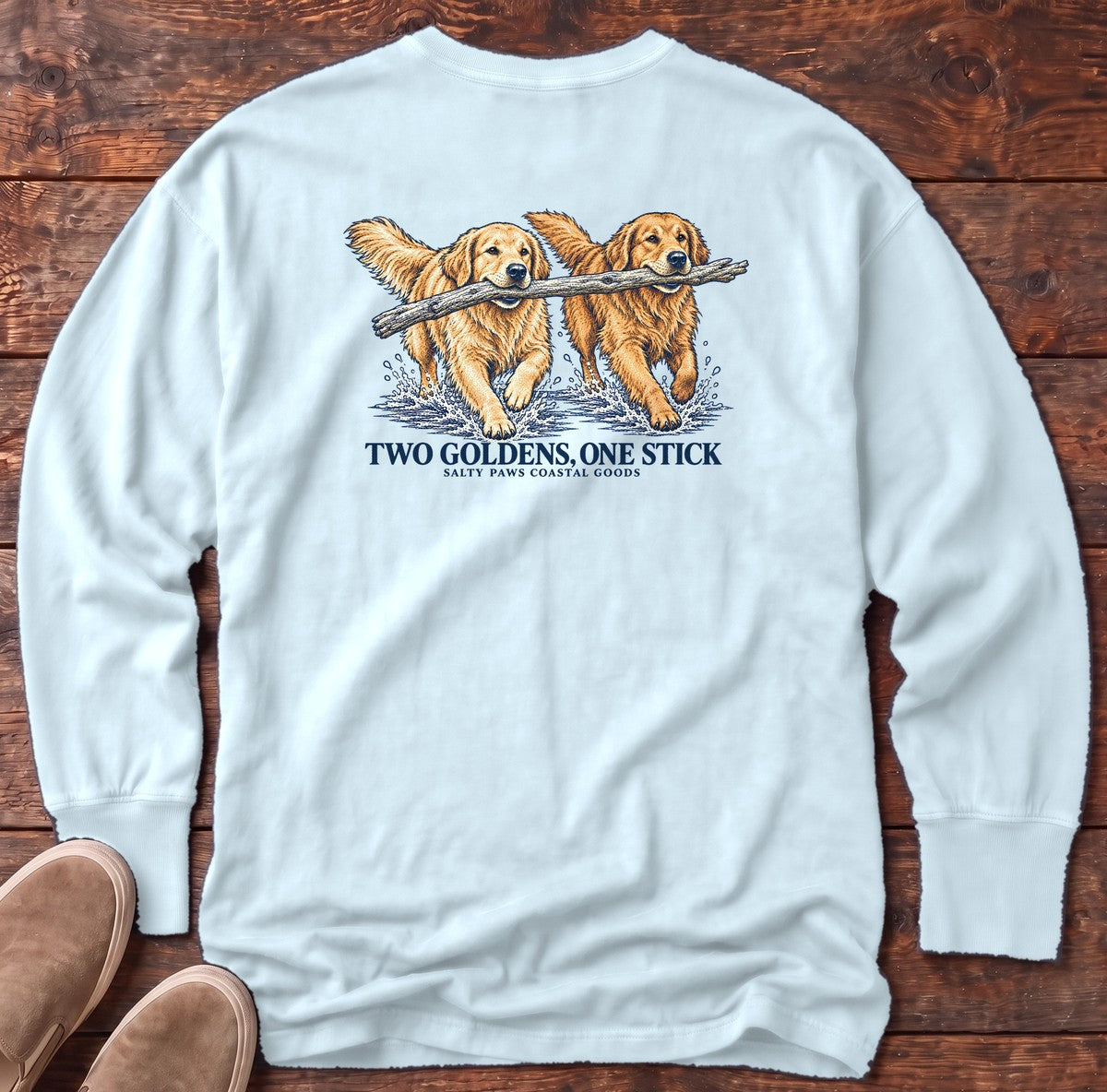 Two Goldens One Stick Back Design Long Sleeve Tee in Chambray, Salty Paws Comfort Colors long sleeve tee
