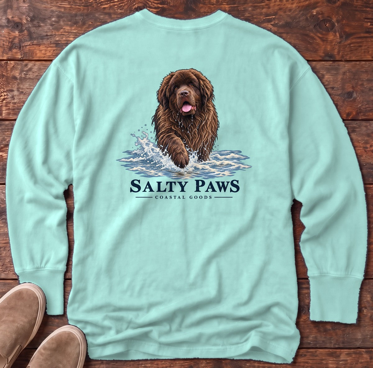 Brown Newfoundland Surf Back Design Long Sleeve Tee in Chalky Mint, Salty Paws Comfort Colors Long Sleeve Tee, back design flat lay