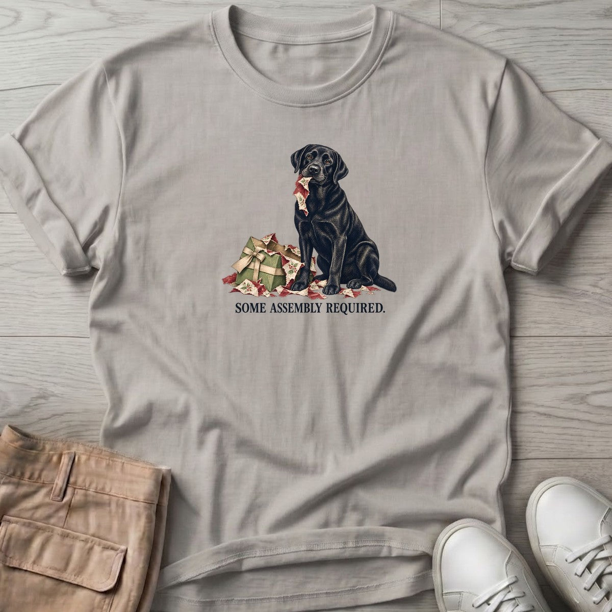 Some Assembly Required Black Lab T-Shirt in Ice Grey, Salty Paws T-Shirt, front design flat lay
