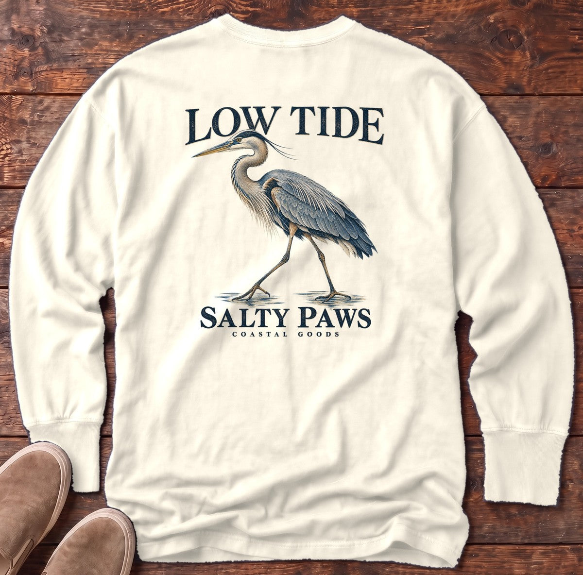 Low Tide Heron Salty Paws Coastal Goods Back Design Long Sleeve Tee in Ivory, Salty Paws Comfort Colors Long Sleeve Tee, back design flat lay