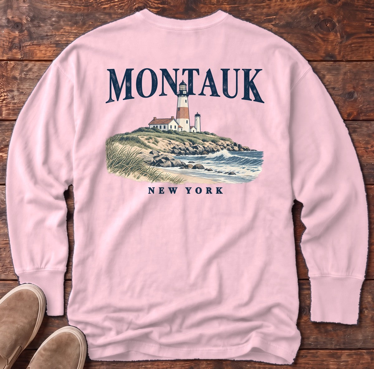 Montauk Lighthouse New York Back Design Long Sleeve Tee in Blossom, Salty Paws Comfort Colors Long Sleeve Tee, back design flat lay