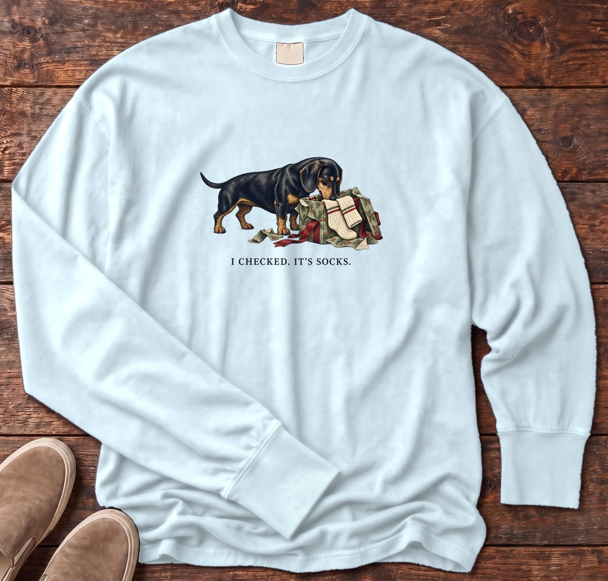 I Checked It's Socks Dachshund Long Sleeve Tee in Chambray, Salty Paws Comfort Colors Long Sleeve Tee, front design flat lay