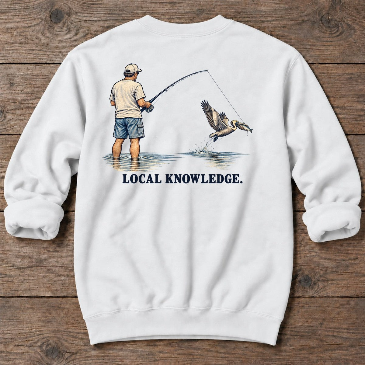Local Knowledge Pelican Back Design Midweight Sweatshirt in White, Salty Paws Midweight Sweatshirt, back design flat lay