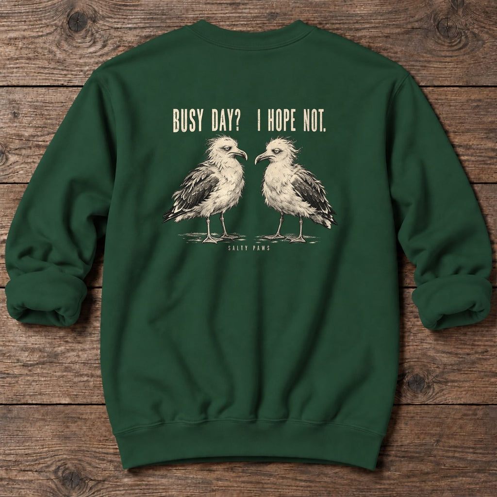 Busy Day Gulls Back Design Midweight Sweatshirt in Forest Green, Salty Paws Midweight Sweatshirt, back design flat lay
