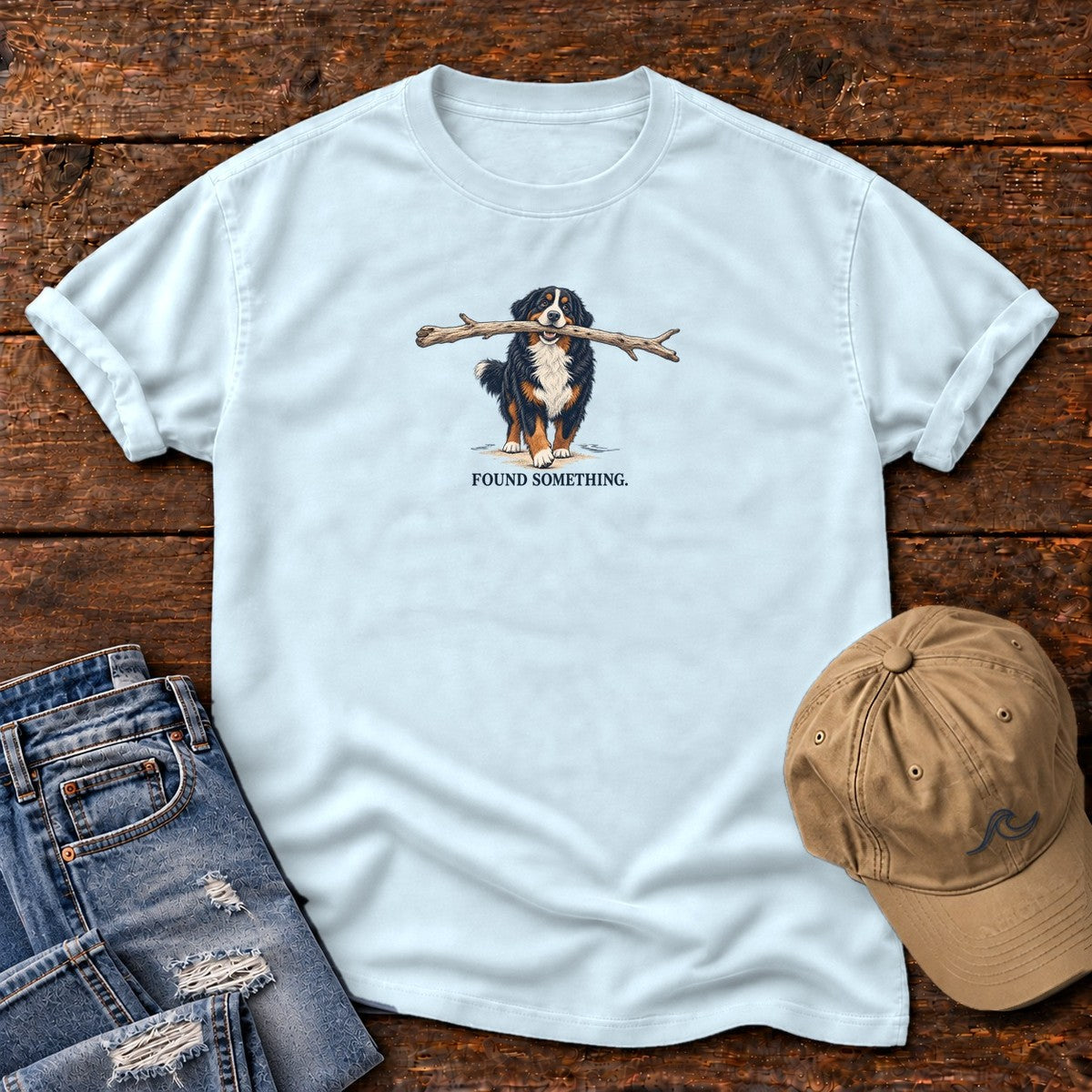 Found Something Bernese T-Shirt in Chambray, Salty Paws Comfort Colors T-Shirt, front design flat lay