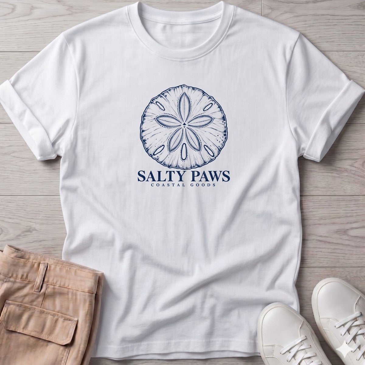 Sand Dollar T-Shirt in White, Salty Paws T-Shirt, front design flat lay