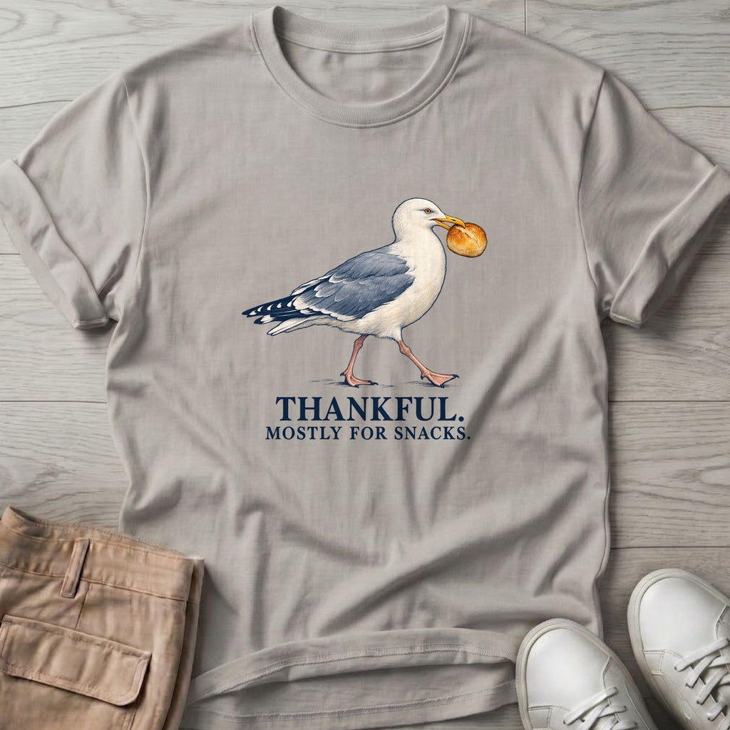 Thankful Mostly for Snacks Seagull T-Shirt in Ice Grey, Salty Paws T-Shirt, front design flat lay
