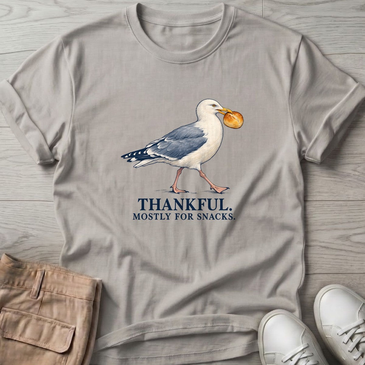 Thankful Mostly for Snacks Seagull T-Shirt in Ice Grey, Salty Paws T-Shirt, front design flat lay