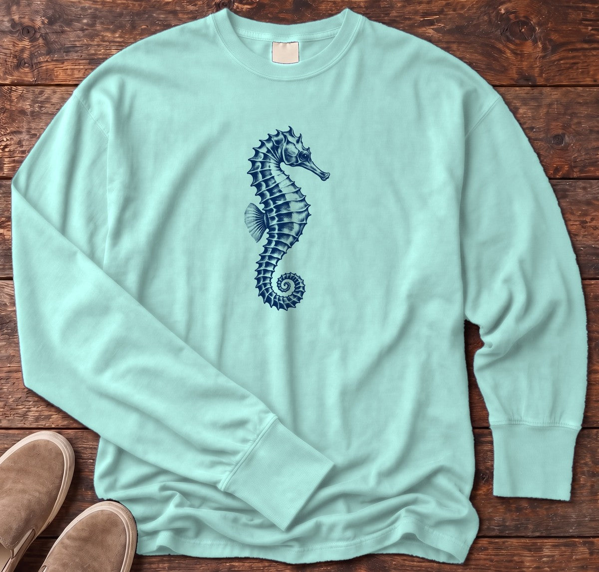 Navy Seahorse Long Sleeve Tee in Chalky Mint, Salty Paws Comfort Colors Long Sleeve Tee, front design flat lay