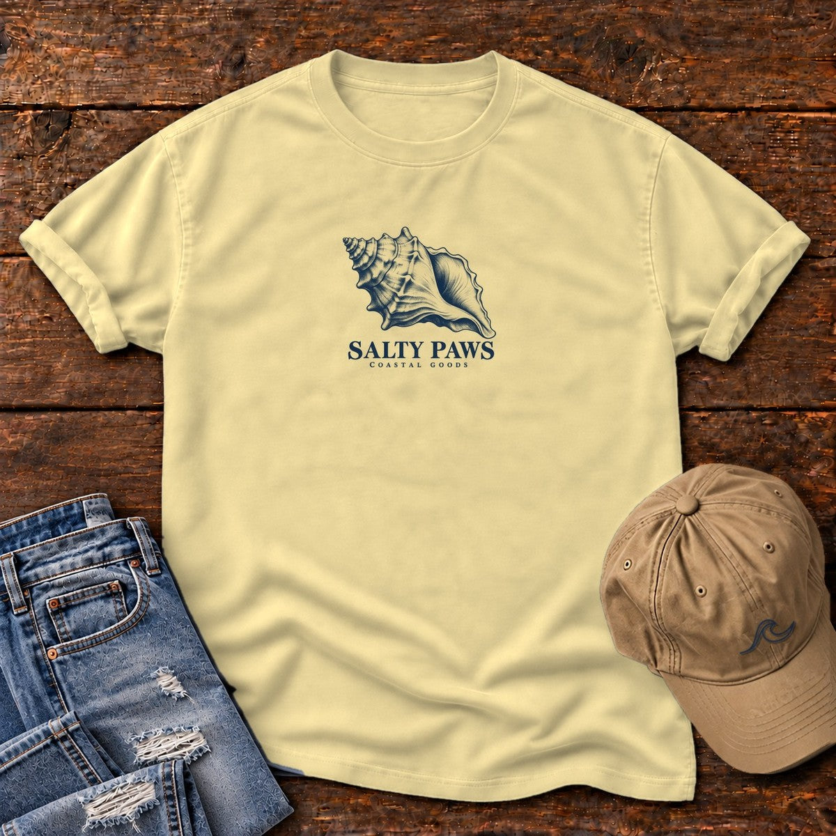 Conch Shell T-Shirt in Butter, Salty Paws Comfort Colors T-Shirt, front design flat lay