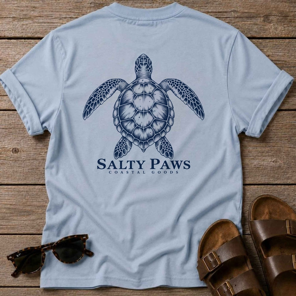 Sea Turtle Coastal Goods Back Design T-Shirt in Light Blue, Salty Paws T-Shirt, back design flat lay