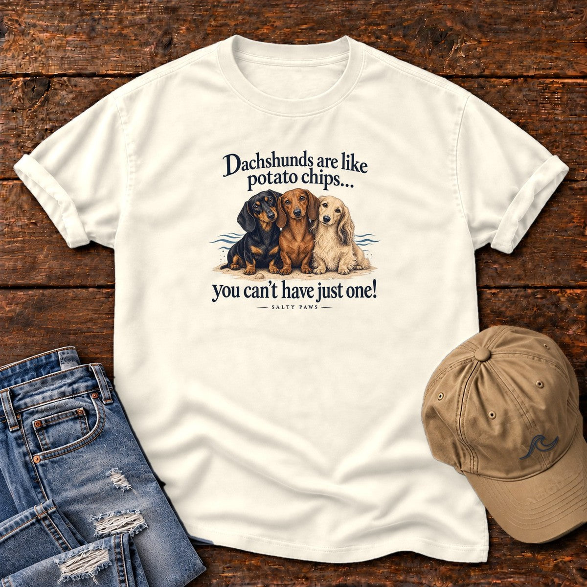 Dachshunds Are Like Potato Chips T-Shirt in Ivory, Salty Paws Comfort Colors T-Shirt, front design flat lay