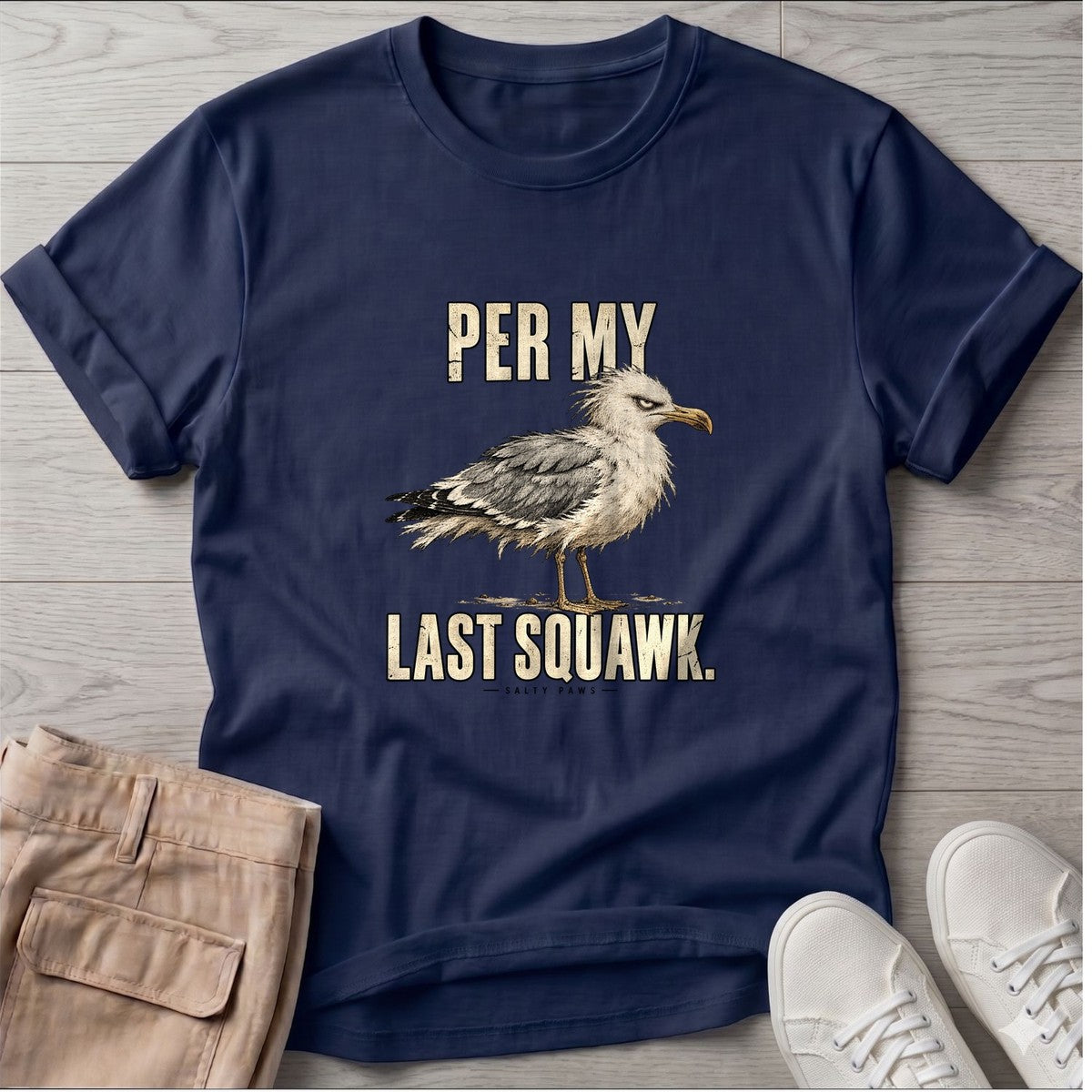 Per My Last Squawk Seagull T-Shirt in Navy, Salty Paws T-Shirt, front design flat lay