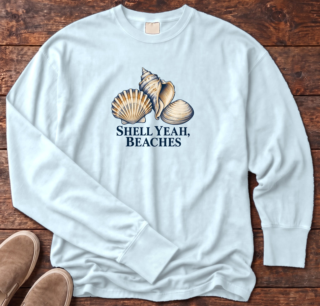Shell Yeah Beaches Long Sleeve Tee in Chambray, Salty Paws Comfort Colors Long Sleeve Tee, front design flat lay
