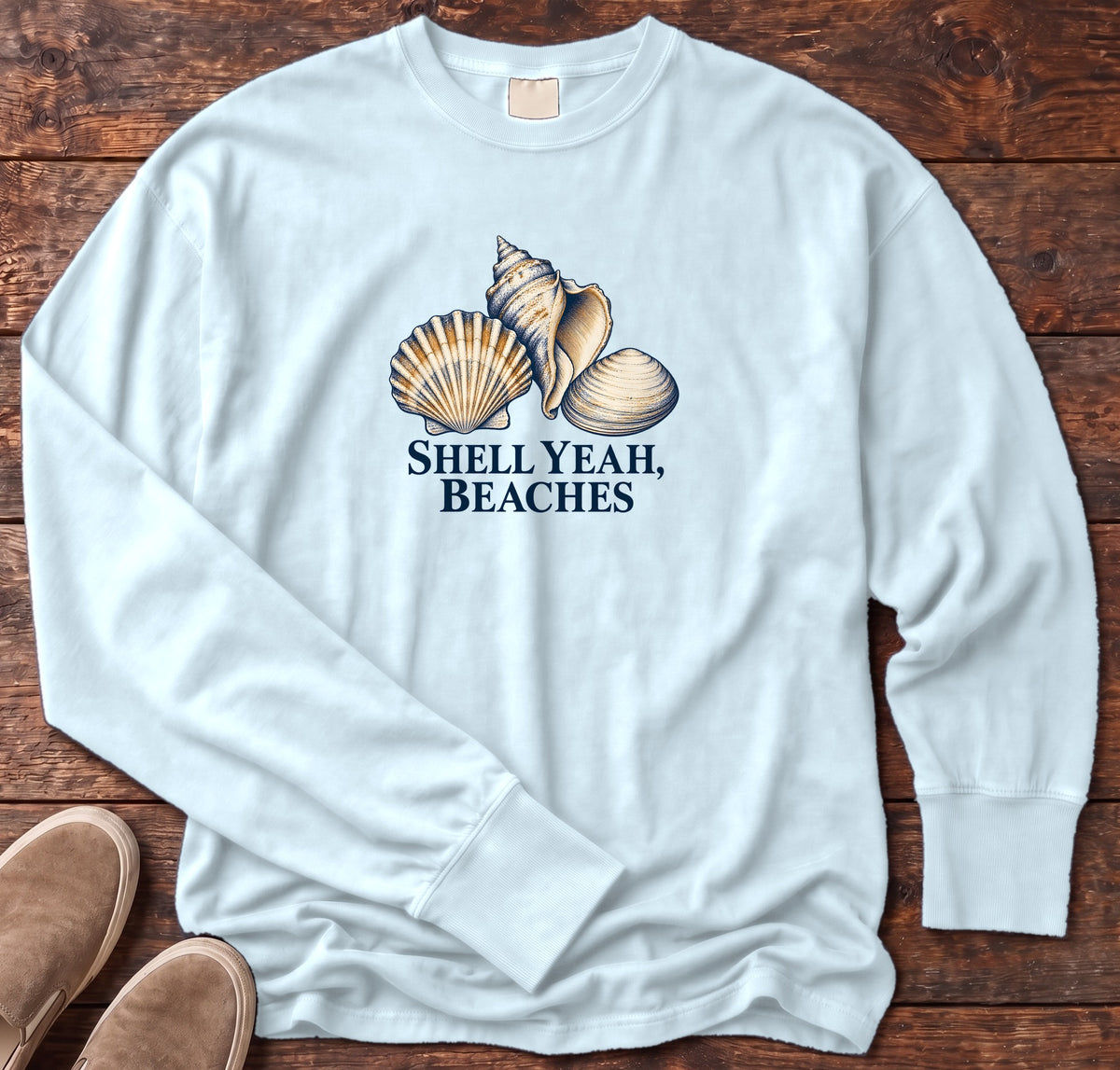 Shell Yeah Beaches Long Sleeve Tee in Chambray, Salty Paws Comfort Colors Long Sleeve Tee, front design flat lay