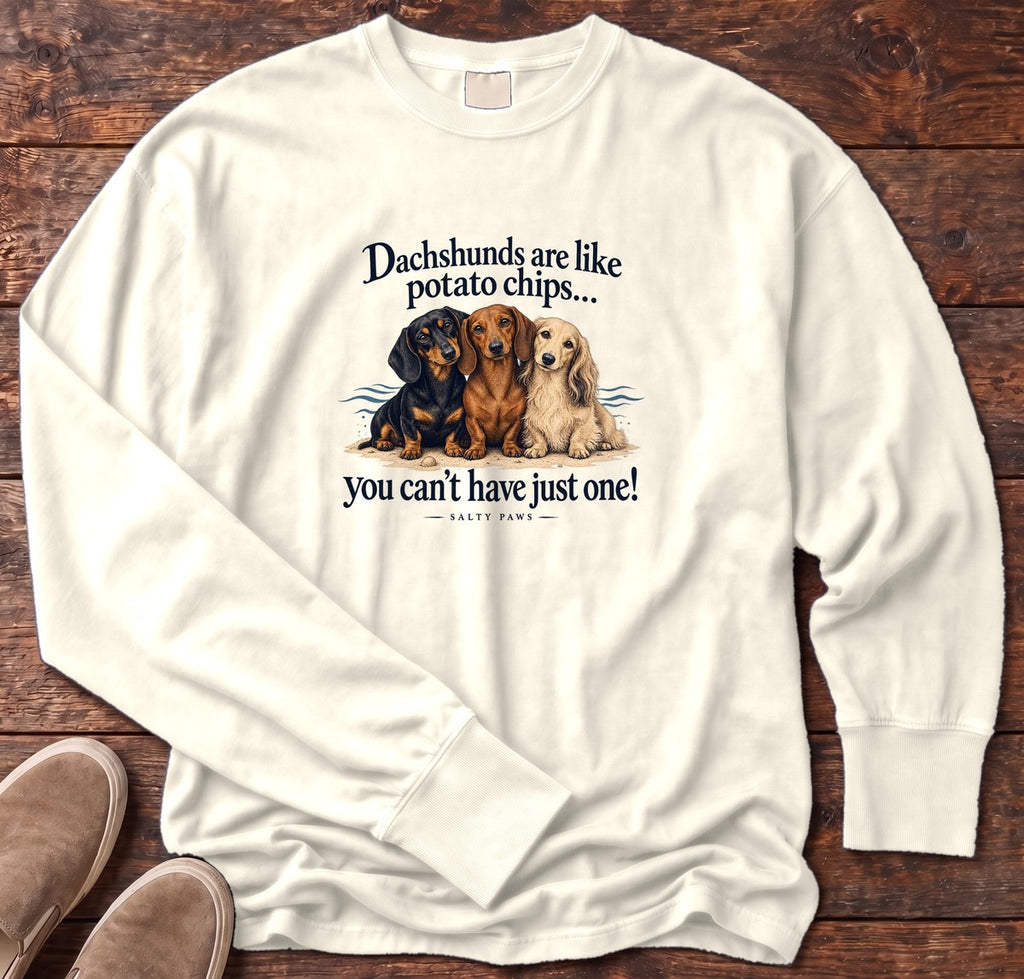 Dachshunds Are Like Potato Chips Long Sleeve Tee in Ivory, Salty Paws Comfort Colors Long Sleeve Tee, front design flat lay