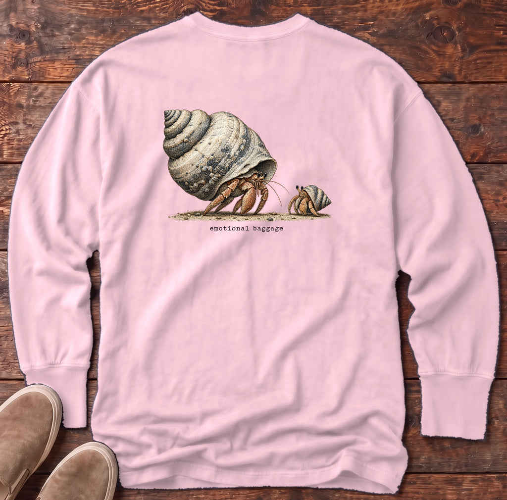 Emotional Baggage Hermit Crab Back Design Long Sleeve Tee Comfort Colors in Blossom, Salty Paws Comfort Colors Long Sleeve Tee, back design flat lay