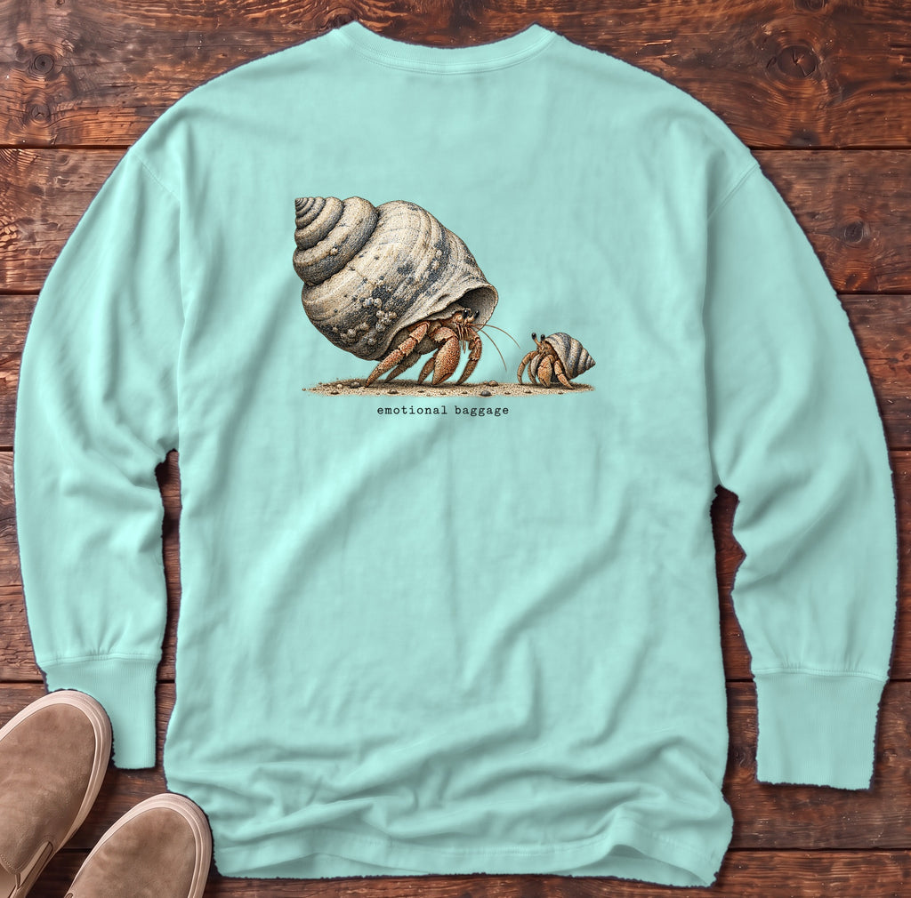 Emotional Baggage Hermit Crab Back Design Long Sleeve Tee Comfort Colors in Chalky Mint, Salty Paws Comfort Colors Long Sleeve Tee, back design flat lay