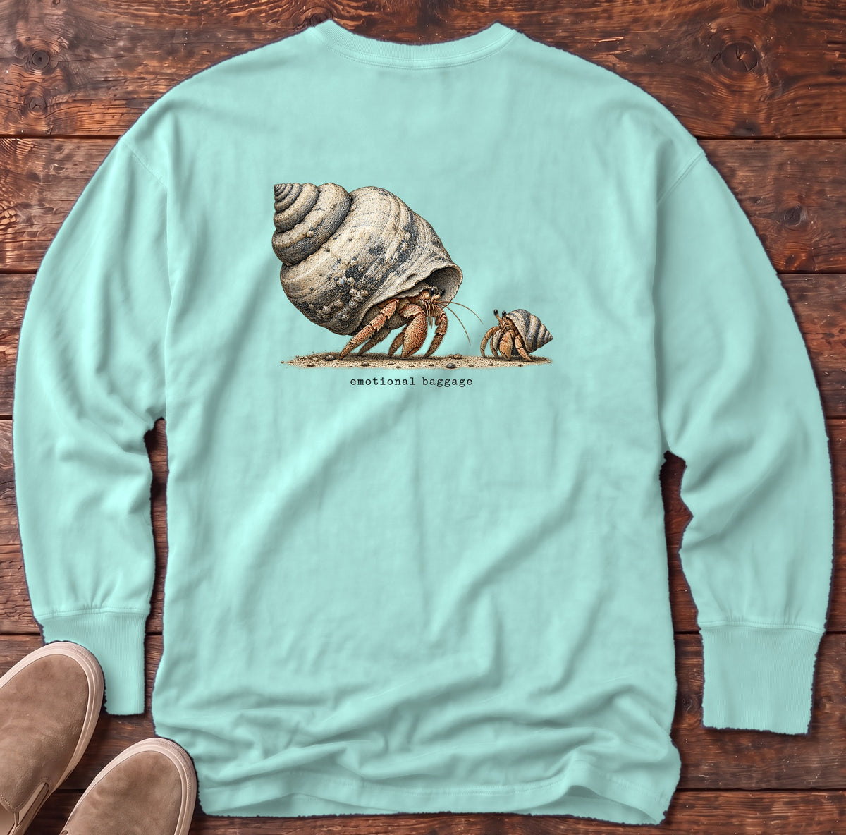 Emotional Baggage Hermit Crab Back Design Long Sleeve Tee Comfort Colors in Chalky Mint, Salty Paws Comfort Colors Long Sleeve Tee, back design flat lay