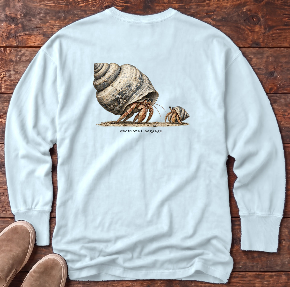 Emotional Baggage Hermit Crab Back Design Long Sleeve Tee Comfort Colors in Chambray, Salty Paws Comfort Colors Long Sleeve Tee, back design flat lay