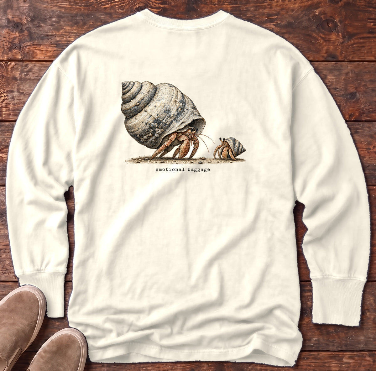Emotional Baggage Hermit Crab Back Design Long Sleeve Tee Comfort Colors in Ivory, Salty Paws Comfort Colors Long Sleeve Tee, back design flat lay