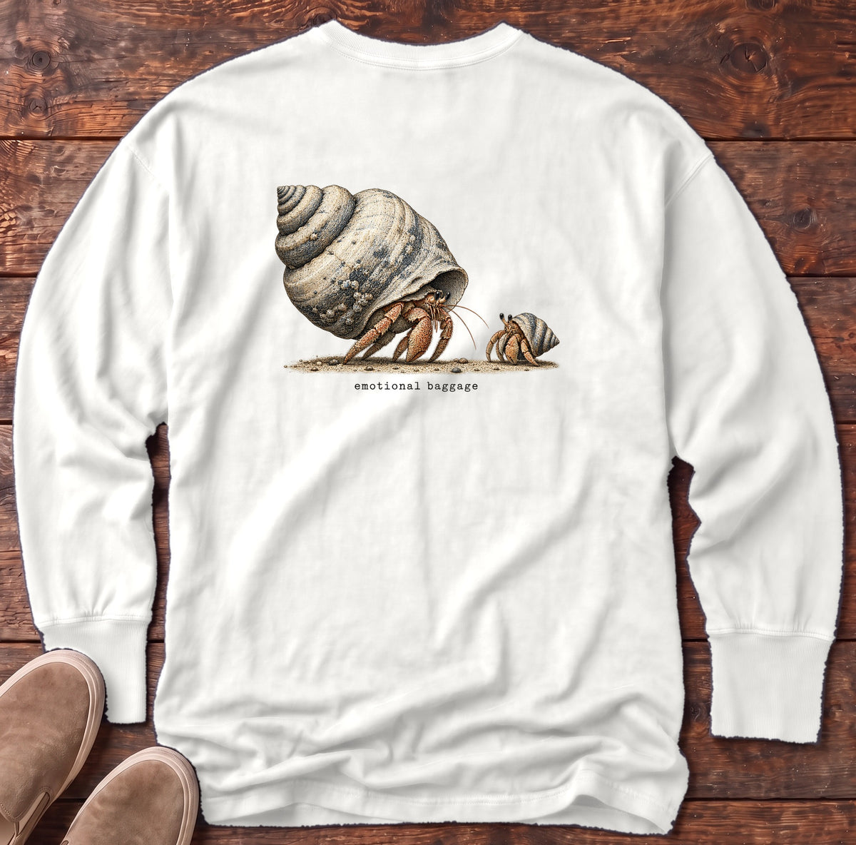 Emotional Baggage Hermit Crab Back Design Long Sleeve Tee Comfort Colors in White, Salty Paws Comfort Colors Long Sleeve Tee, back design flat lay