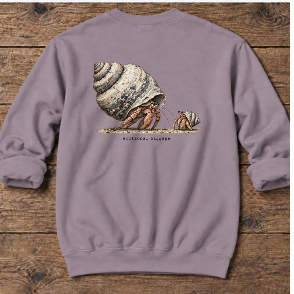 Emotional Baggage Hermit Crab Back Design Midweight Sweatshirt in Paragon, Salty Paws Midweight Sweatshirt, back design flat lay