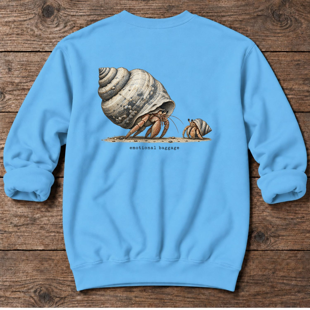 Emotional Baggage Hermit Crab Back Design Midweight Sweatshirt in Sky, Salty Paws Midweight Sweatshirt, back design flat lay