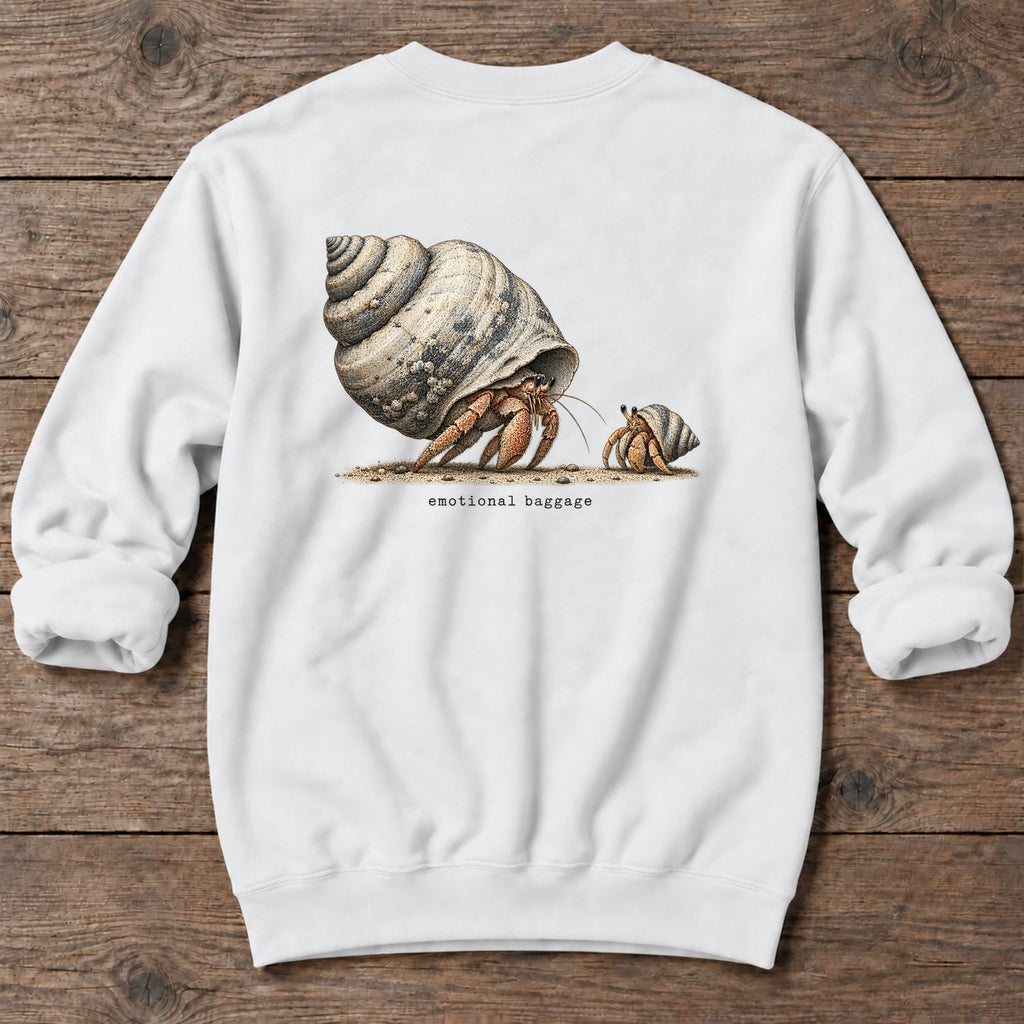 Emotional Baggage Hermit Crab Back Design Midweight Sweatshirt in White, Salty Paws Midweight Sweatshirt, back design flat lay