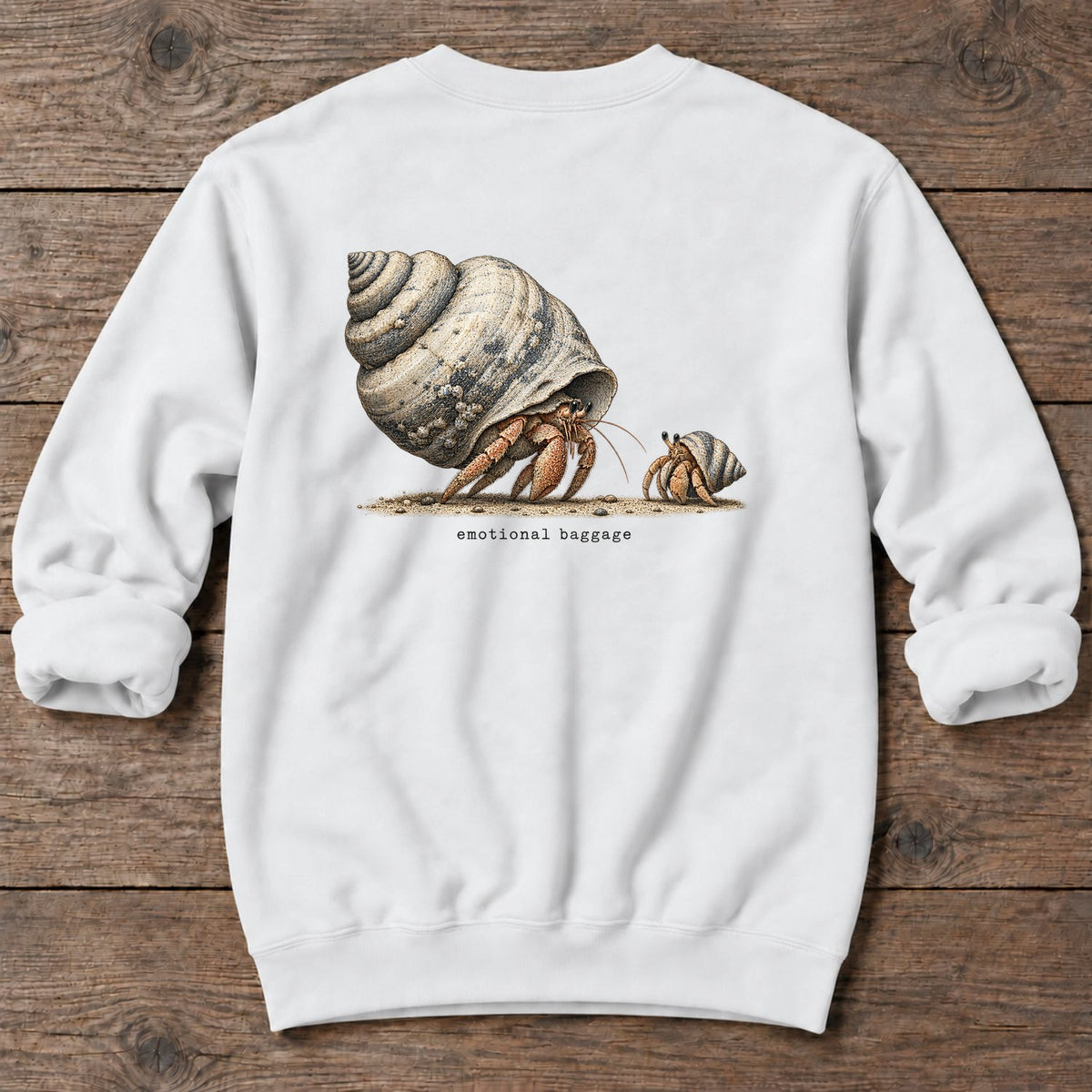 Emotional Baggage Hermit Crab Back Design Midweight Sweatshirt in White, Salty Paws Midweight Sweatshirt, back design flat lay