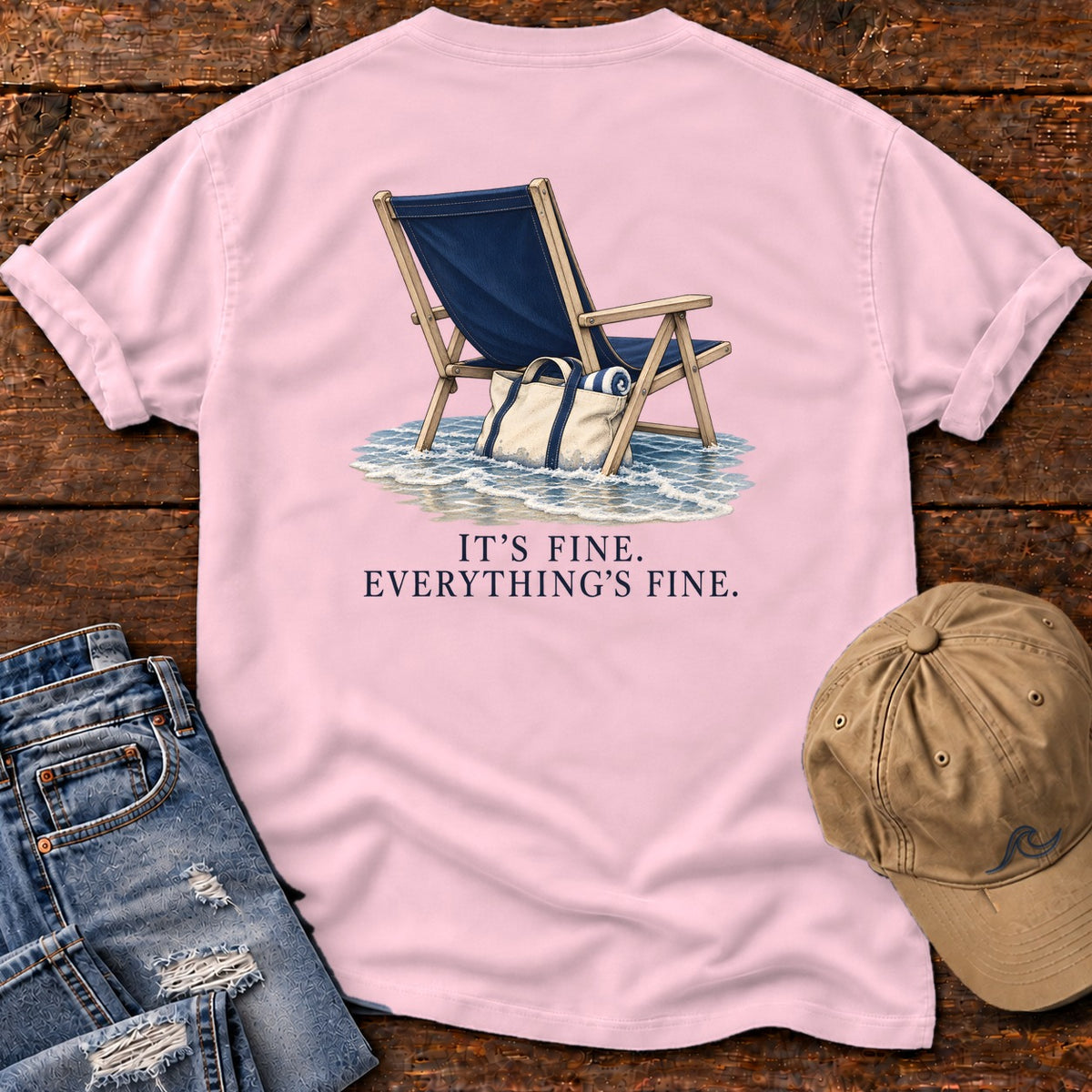 Everything's Fine Beach Chair Back Design T-Shirt in Blossom, Salty Paws Comfort Colors T-Shirt, back design flat lay